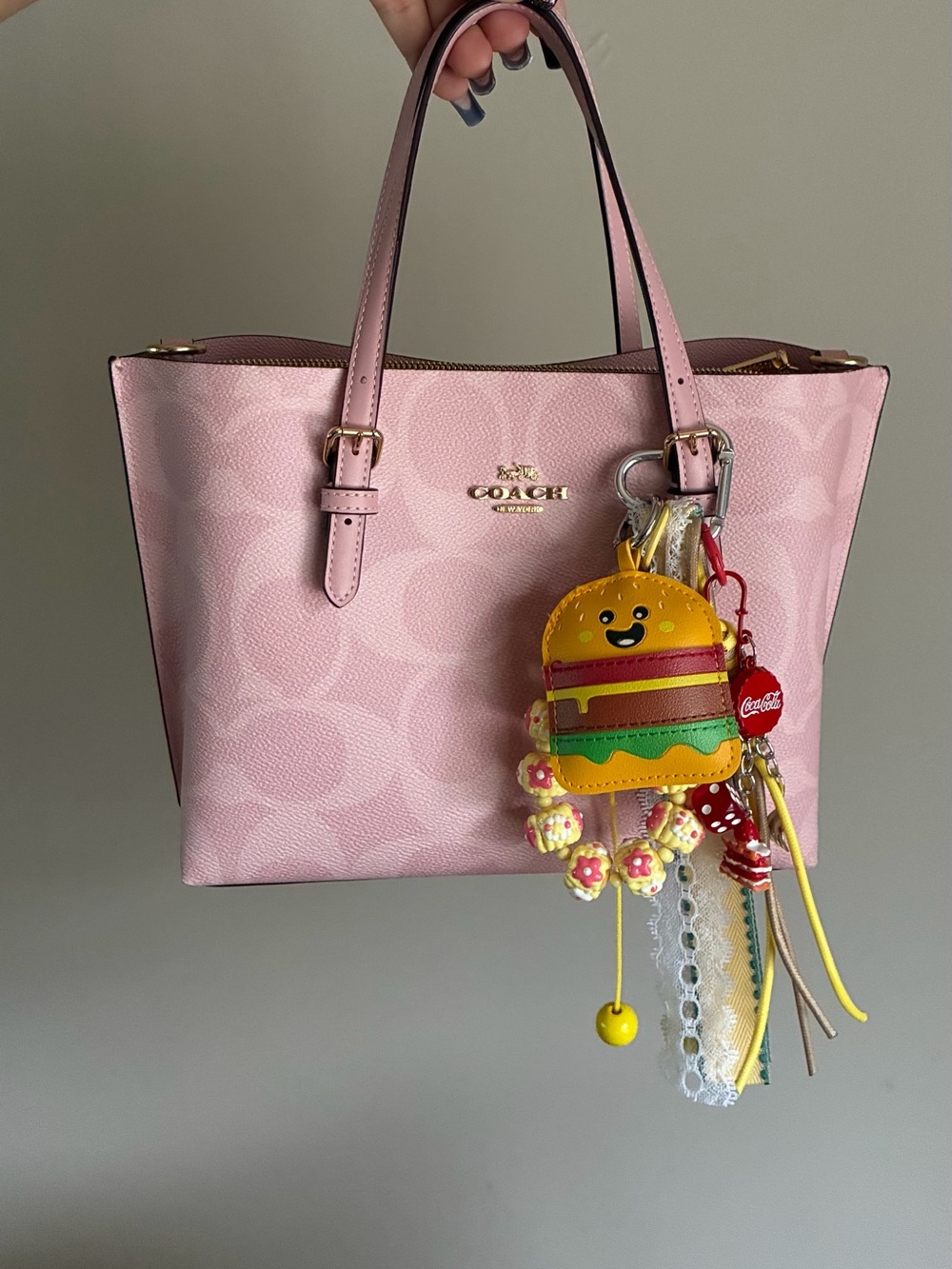 Burger Keychain Charm with Beaded Strap and Coca Cola Charms Bag Charm